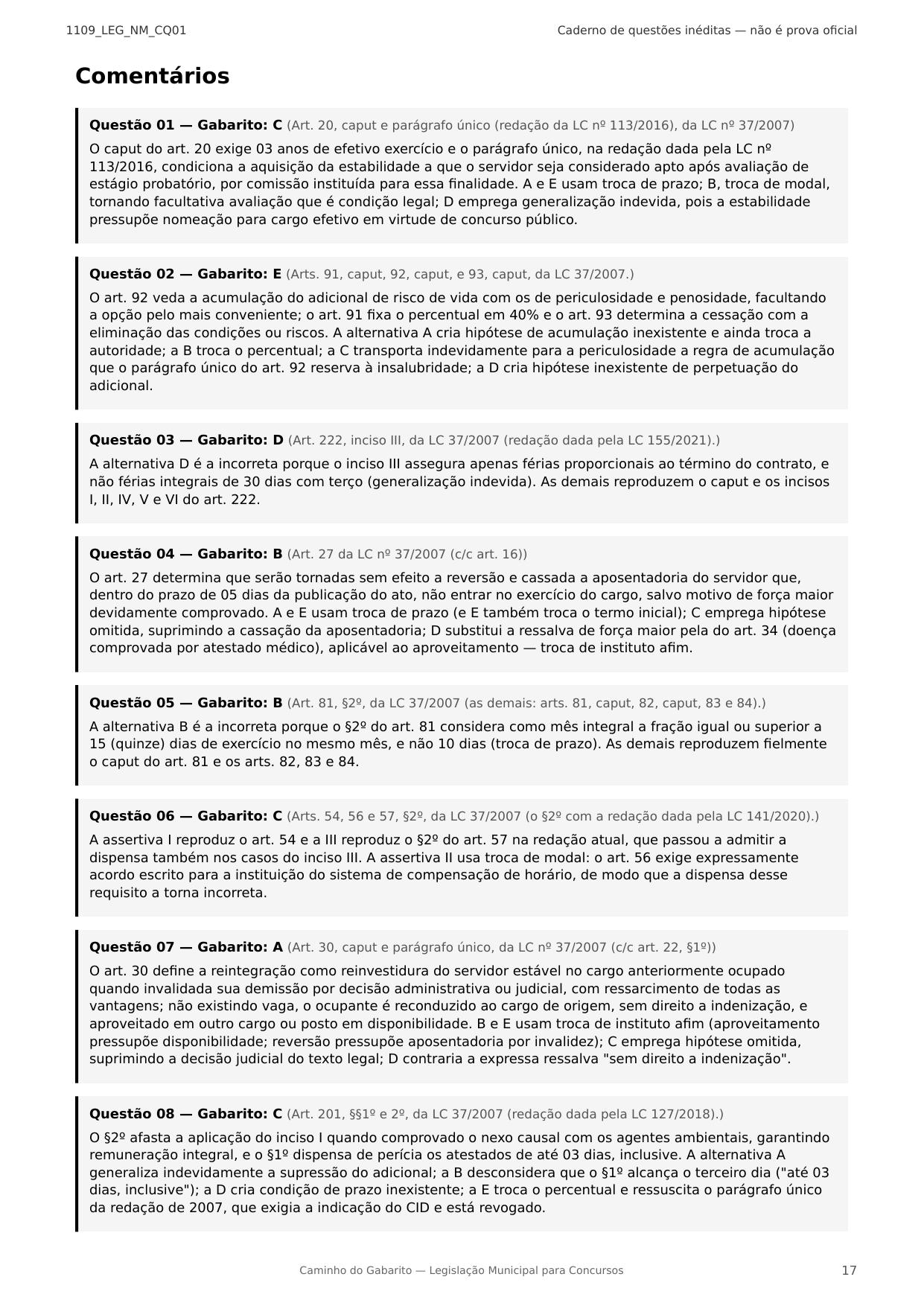 Primeira página de gabarito comentado do Estatuto