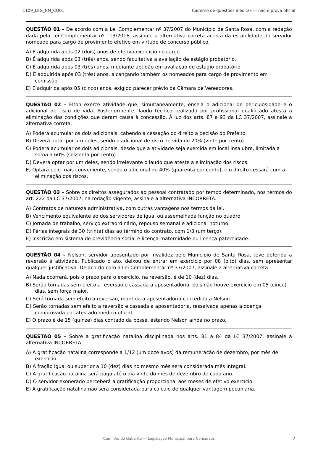 Primeira página de questões do caderno do Estatuto