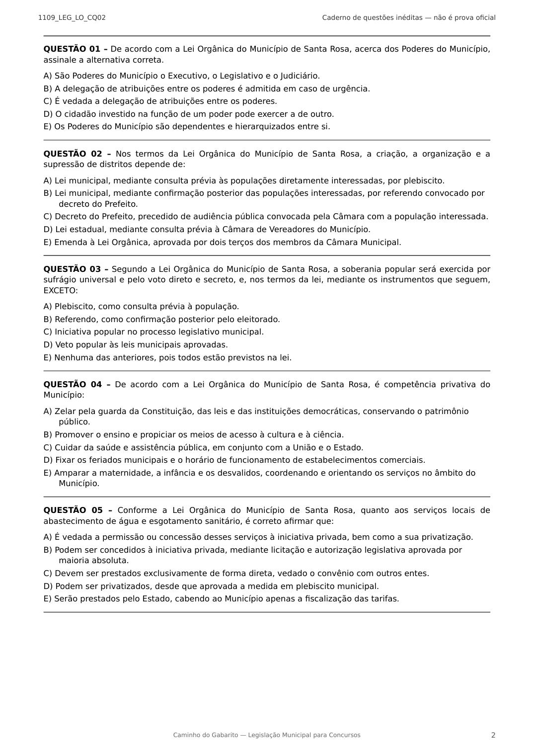 Primeira página de questões do caderno da Lei Orgânica